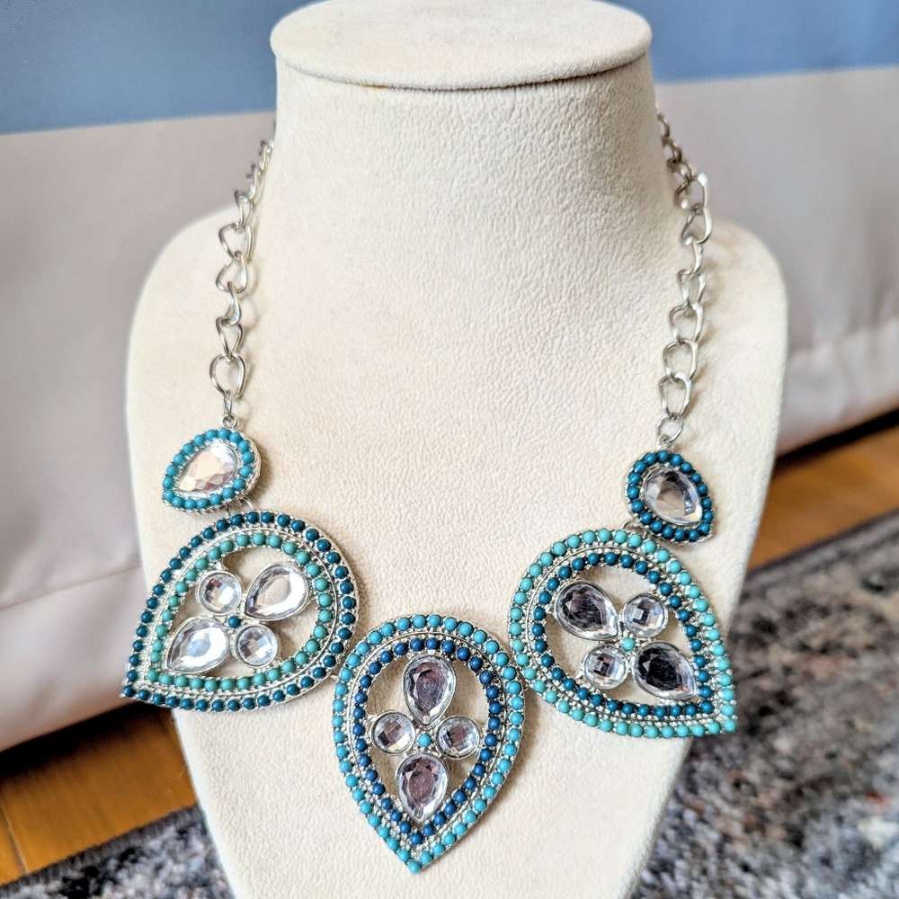 Turquoise Silver Statement Bib Necklace Rhinestone Coastal Cowgirl Southwestern